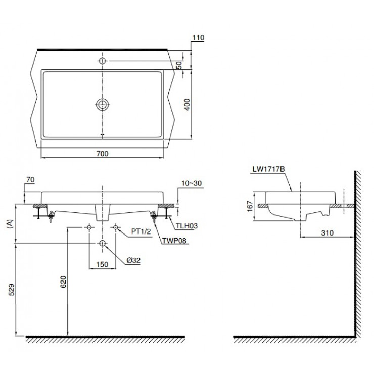 Bản vẽ kỹ thuật Lavabo chậu rửa mặt TOTO LT1717 đặt bàn: