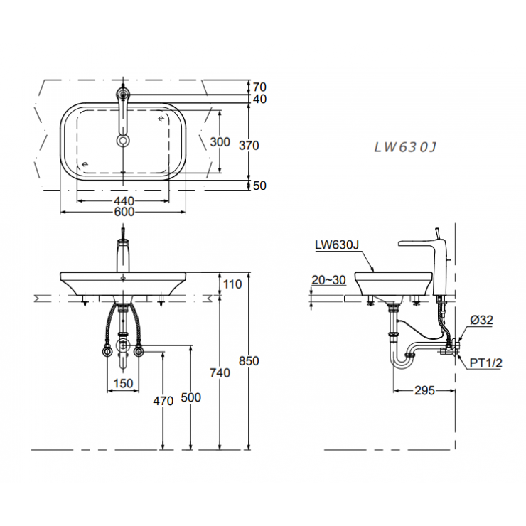 Bản vẽ kỹ thuật Lavabo chậu rửa mặt Toto LW630JW đặt bàn