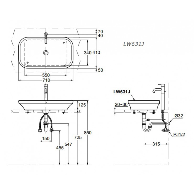Bản vẽ kỹ thuật Lavabo chậu rửa mặt TOTO LW631JW đặt bàn