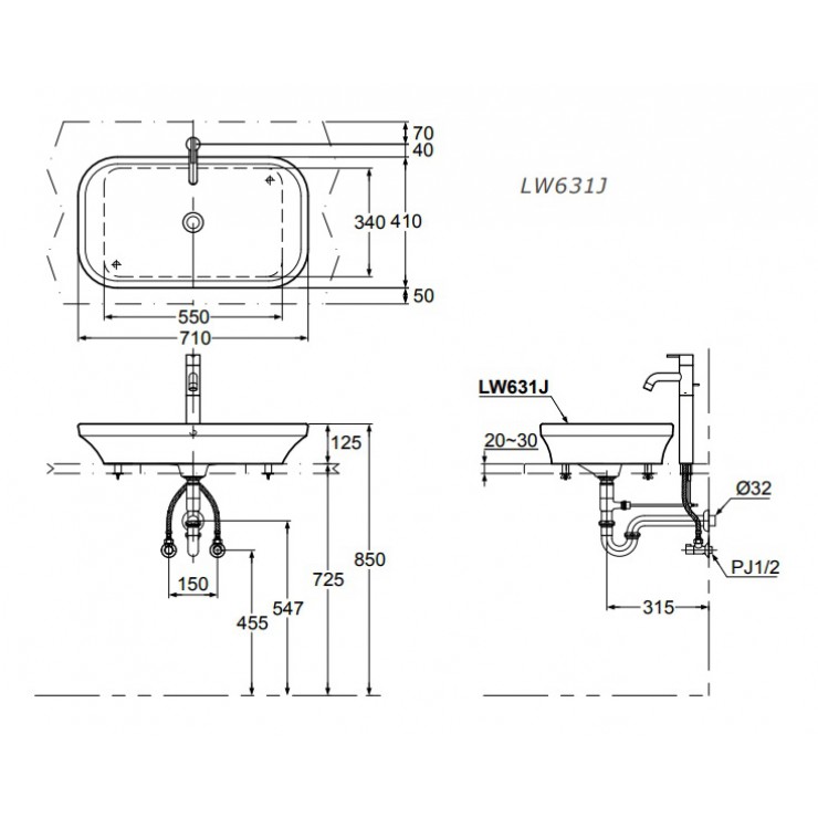 Bản vẽ kỹ thuật Lavabo chậu rửa mặt Toto LW631JW đặt bàn