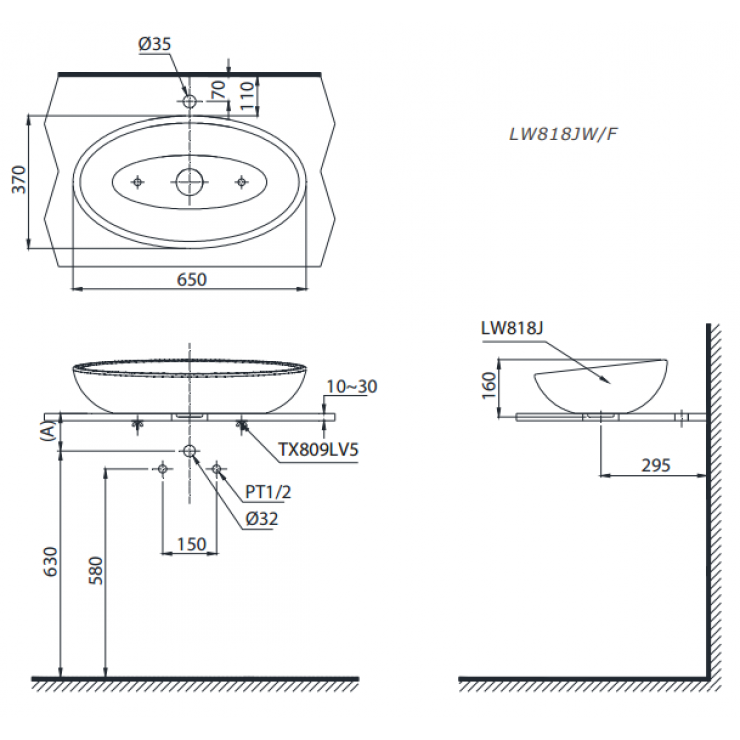 Bản vẽ kỹ thuật Lavabo chậu rửa mặt TOTO LW818JW đặt bàn:
