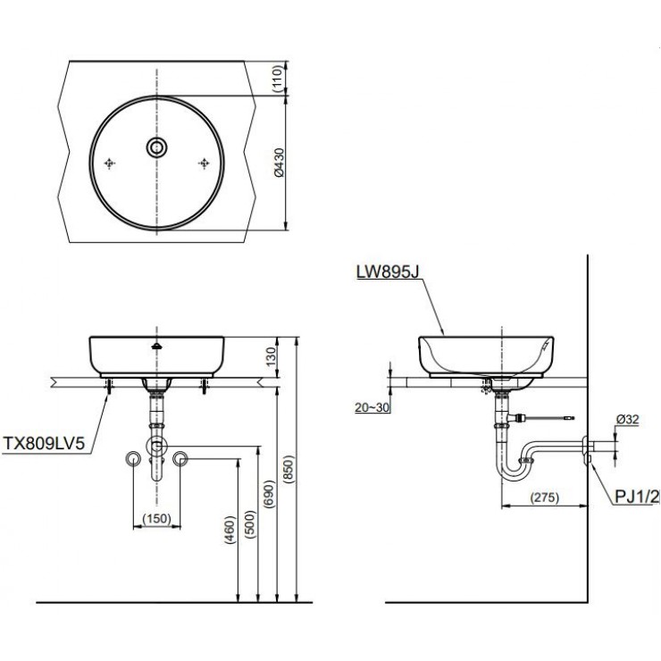 Bản vẽ kỹ thuật Lavabo chậu rửa mặt Toto LW895JW đặt bàn