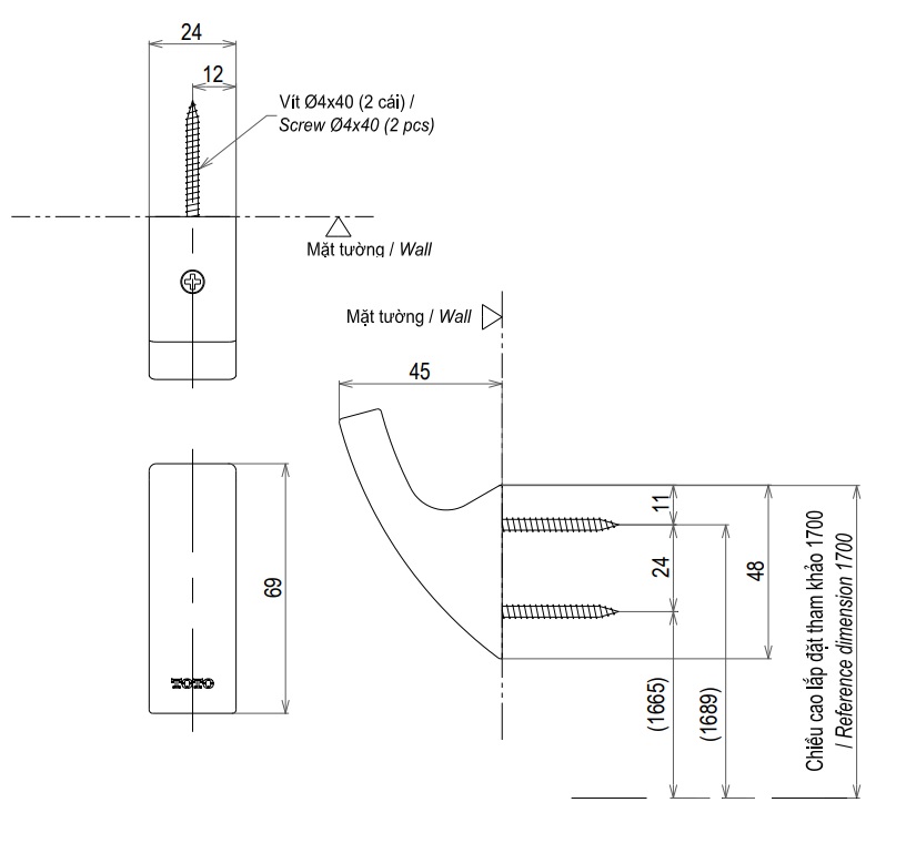 Bản vẽ kỹ thuật Móc áo Toto YRH903V