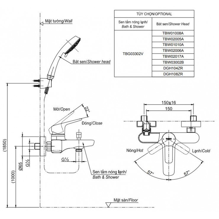 Bản vẽ kỹ thuật Vòi sen tắm TOTO TBG04302VA/DGH108ZR nóng lạnh