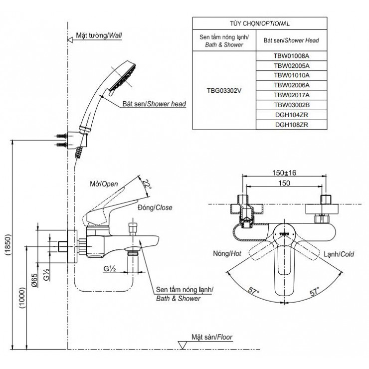 Bản vẽ kỹ thuật Vòi sen tắm Toto TBG04302VA/TBW03002B nóng lạnh