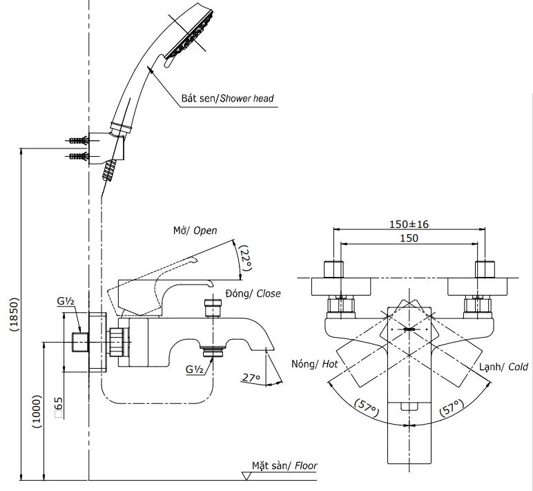 Bản vẽ kỹ thuật Vòi sen tắm TOTO TBG08302VA/DGH108ZR nóng lạnh
