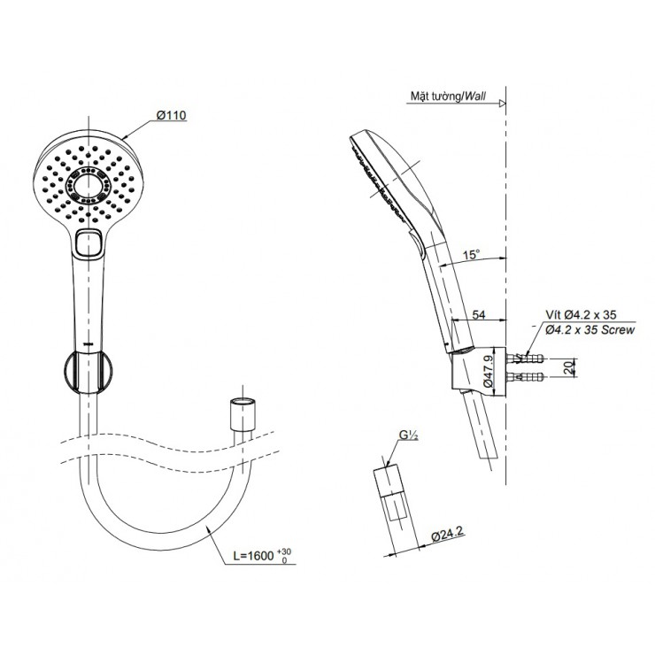 Bản vẽ tay sen tắm Toto TBW01010A