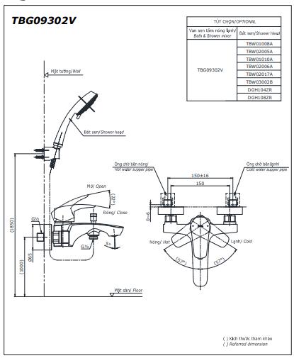 Bản vẽ kỹ thuật Vòi sen tắm TOTO TBG09302V/TBW02017A nóng lạnh