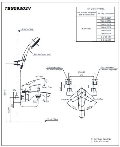 Bản vẽ kỹ thuật Vòi sen tắm Toto TBG09302V/TBW02017A nóng lạnh