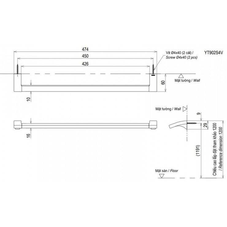 Bản vẽ kỹ thuật Thanh Vắt Khăn TOTO YT903S4V