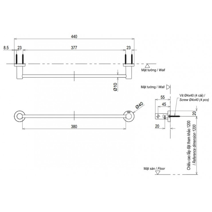 Bản vẽ kỹ thuật Thanh Vắt Khăn TOTO YT406S6RV