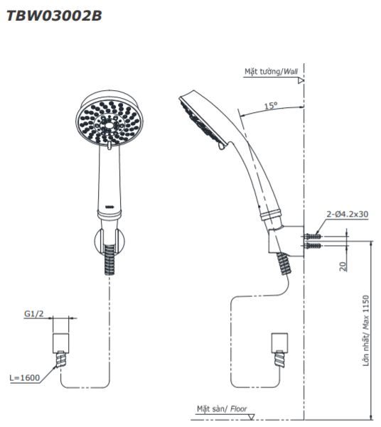 Bản vẽ tay sen tắm Toto TBW03002B