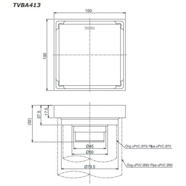 Bản vẽ kỹ thuật Phễu thoát sàn Toto TVBA413