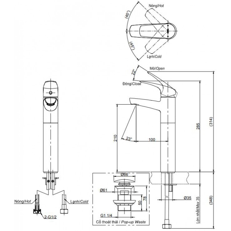 Bản vẽ kỹ thuật Vòi lavabo chậu rửa mặt Toto TVLM106CR nóng lạnh