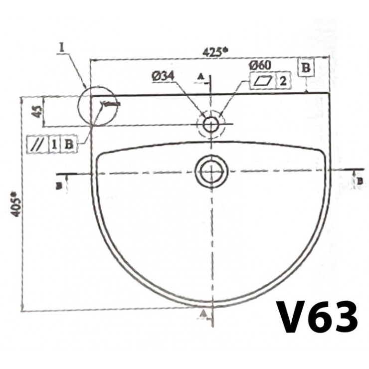 Lavabo chậu rửa mặt Viglacera V63 treo tường liền chân