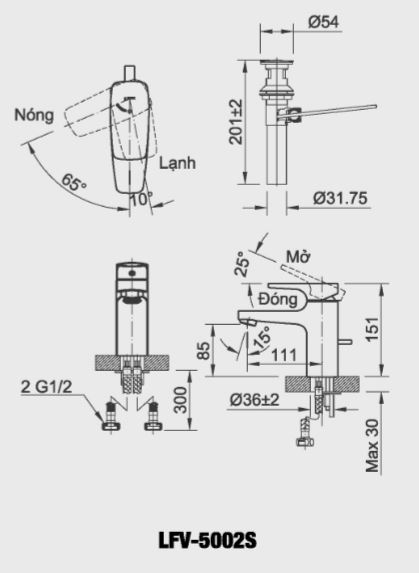 Bản vẽ kỹ thuật Vòi lavabo chậu rửa mặt Inax LFV-5002S nóng lạnh gật gù (LFV5002S)