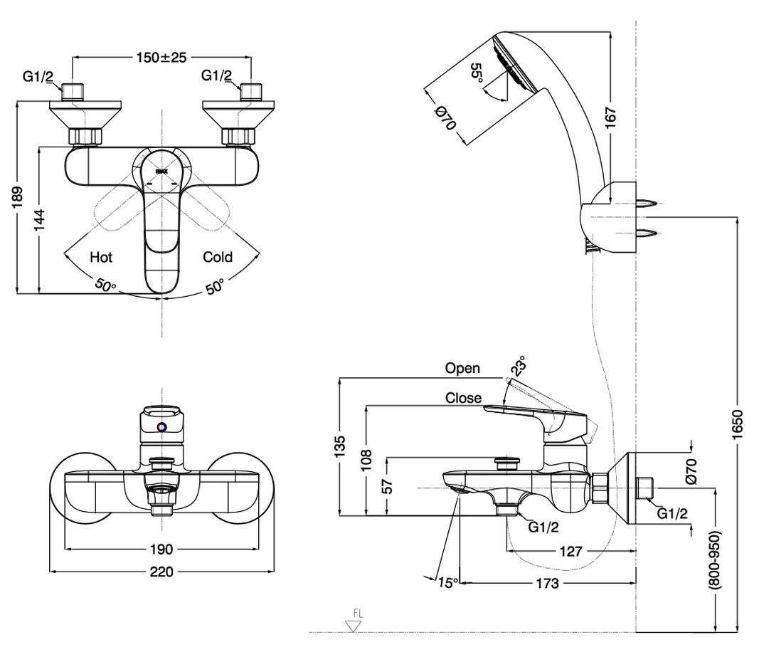 Bản vẽ kỹ thuật Vòi sen tắm nóng lạnh Inax BFV-1403S-4C tay sen si (BFV1403S-4C)