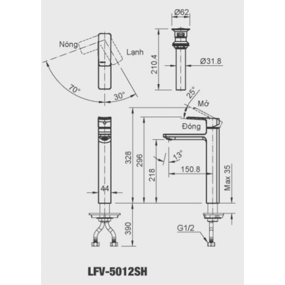 Bản vẽ kỹ thuật Vòi lavabo chậu rửa mặt INAX LFV-5012SH nóng lạnh cổ cao (LFV5012SH)