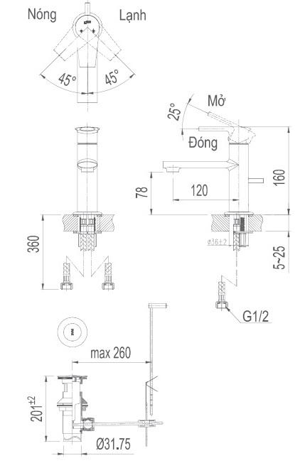 Bản vẽ kỹ thuật Vòi lavabo chậu rửa mặt Inax LFV-7102S nóng lạnh gật gù (LFV7102S)