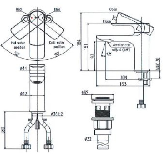 Bản vẽ kỹ thuật Vòi lavabo chậu rửa mặt Inax LFV-612S nóng lạnh gật gù (LFV612S)