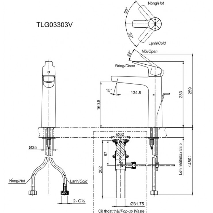 Bản vẽ Vòi lavabo chậu rửa mặt Toto TLG03303V nóng lạnh