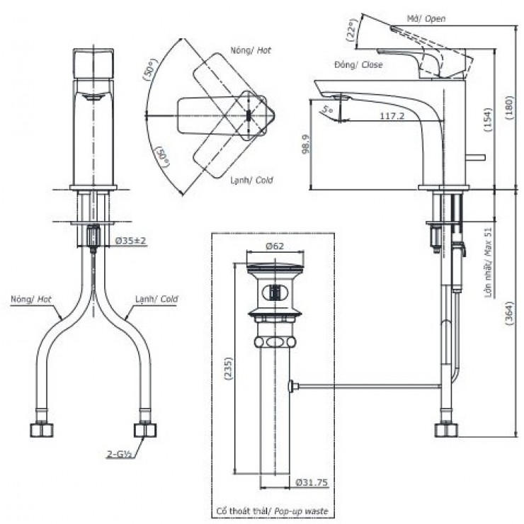 Bản vẽ kỹ thuật Vòi lavabo chậu rửa mặt TOTO TLG07301V nóng lạnh