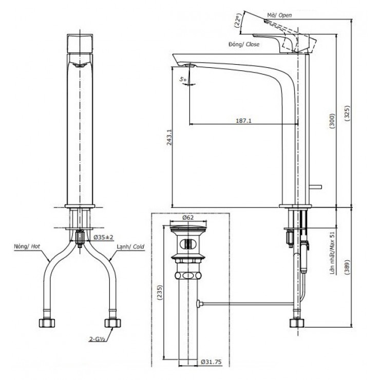 Bẳn vẽ kỹ thuật Vòi lavabo chậu rửa mặt Toto TLG07305V nóng lạnh cổ cao