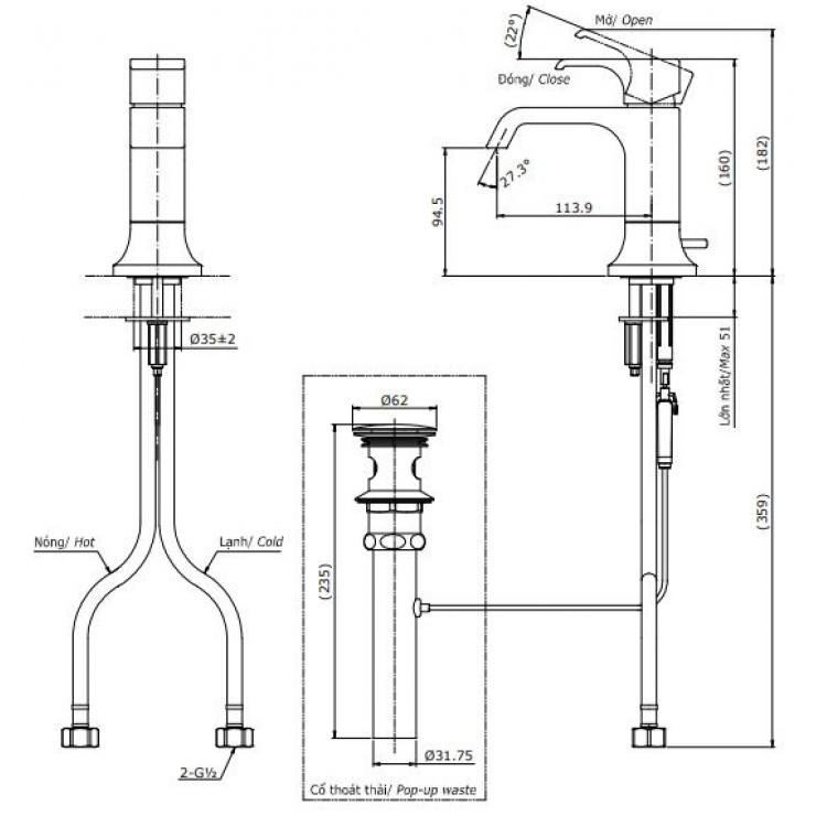 Bản vẽ kỹ thuật Vòi lavabo chậu rửa mặt TOTO TLG08301V nóng lạnh