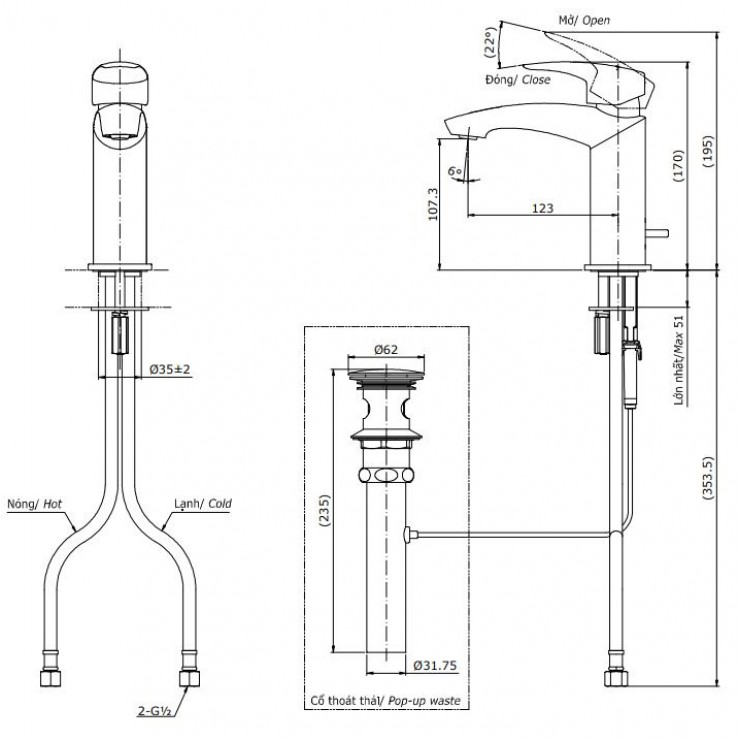 Bản vẽ kỹ thuật Vòi lavabo chậu rửa mặt TOTO TLG09301V nóng lạnh