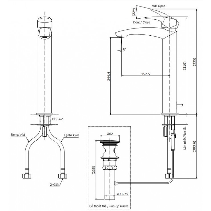 Bản vẽ kỹ thuật Vòi lavabo chậu rửa mặt TOTO TLG09305V nóng lạnh cổ cao