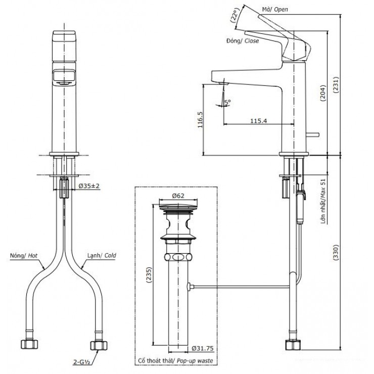 Bản vẽ kỹ thuật Vòi lavabo chậu rửa mặt Toto TLG010301V nóng lạnh