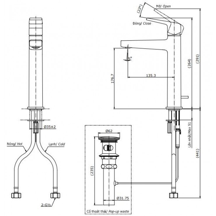 Bản vẽ kỹ thuật Vòi lavabo chậu rửa mặt Toto TLG010303V nóng lạnh