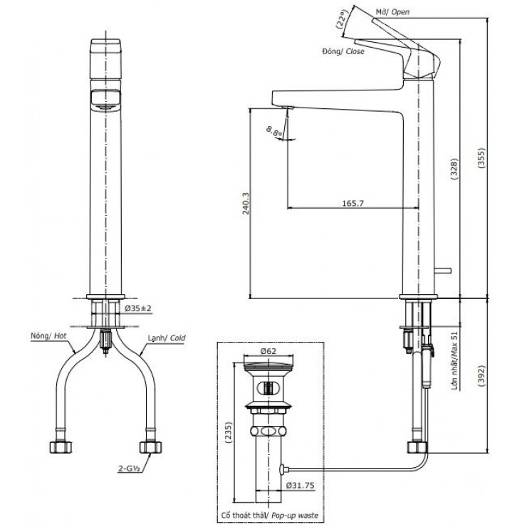 Bản vẽ kỹ thuật Vòi lavabo chậu rửa mặt Toto TLG10305V nóng lạnh cổ cao