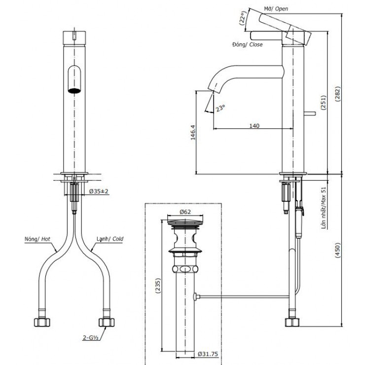 Bản vẽ kỹ thuật Vòi lavabo chậu rửa mặt Toto TLG11303V nóng lạnh