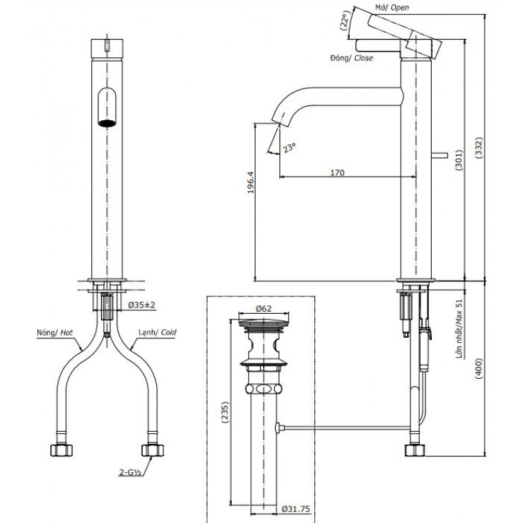 Bản vẽ kỹ thuật Vòi lavabo chậu rửa mặt Toto TLG11305V nóng lạnh cổ cao