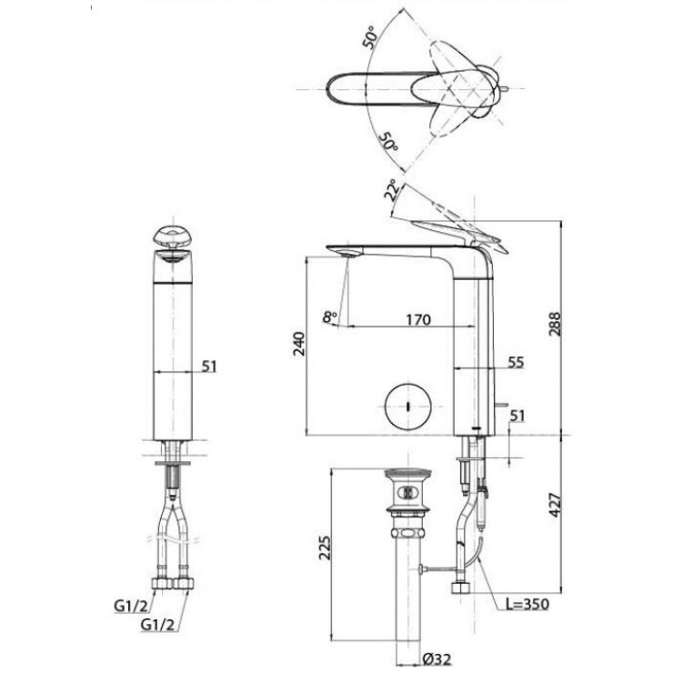 Bản vẽ kỹ thuật Vòi lavabo chậu rửa mặt Toto TLP03301A1 nóng lạnh