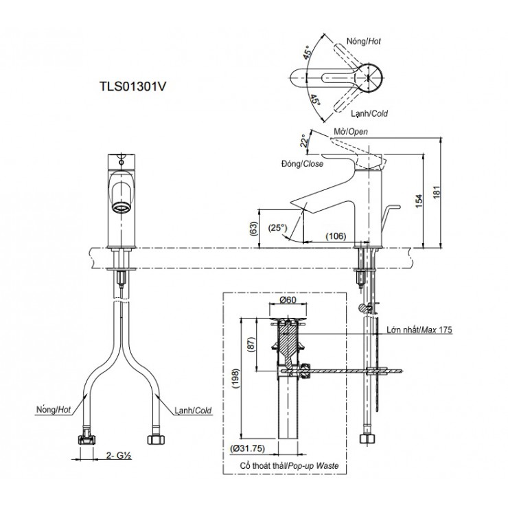 Bản vẽ kỹ thuật Vòi lavabo chậu rửa mặt TOTO TLS01304V nóng lạnh