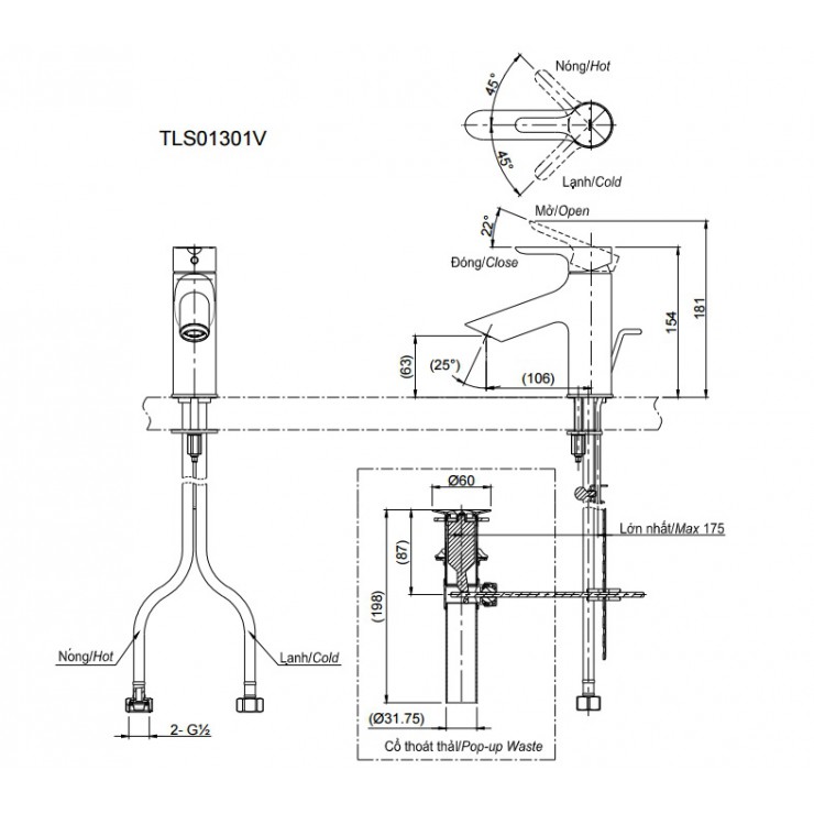 Bản vẽ kỹ thuật Vòi lavabo chậu rửa mặt Toto TLS01304V nóng lạnh