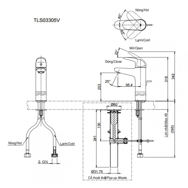 Bản vẽ kỹ thuật Vòi lavabo chậu rửa mặt TOTO TLS03305V nóng lạnh cổ cao