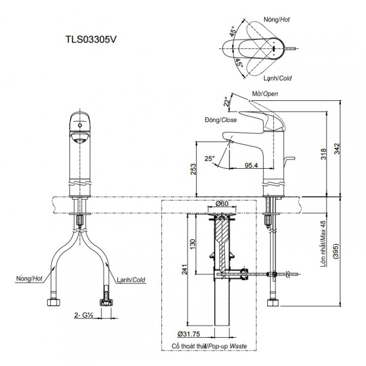 Bản vẽ kỹ thuật Vòi lavabo chậu rửa mặt Toto TLS03305V nóng lạnh cổ cao