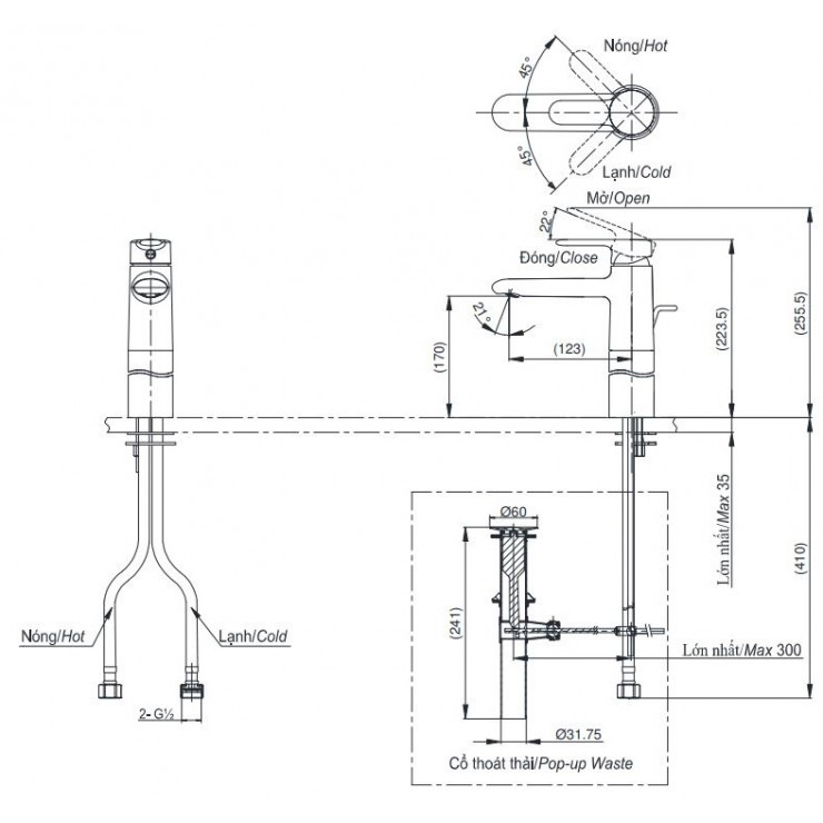 Bản vẽ kỹ thuật Vòi lavabo chậu rửa mặt TOTO TVLM111NS nóng lạnh cổ cao