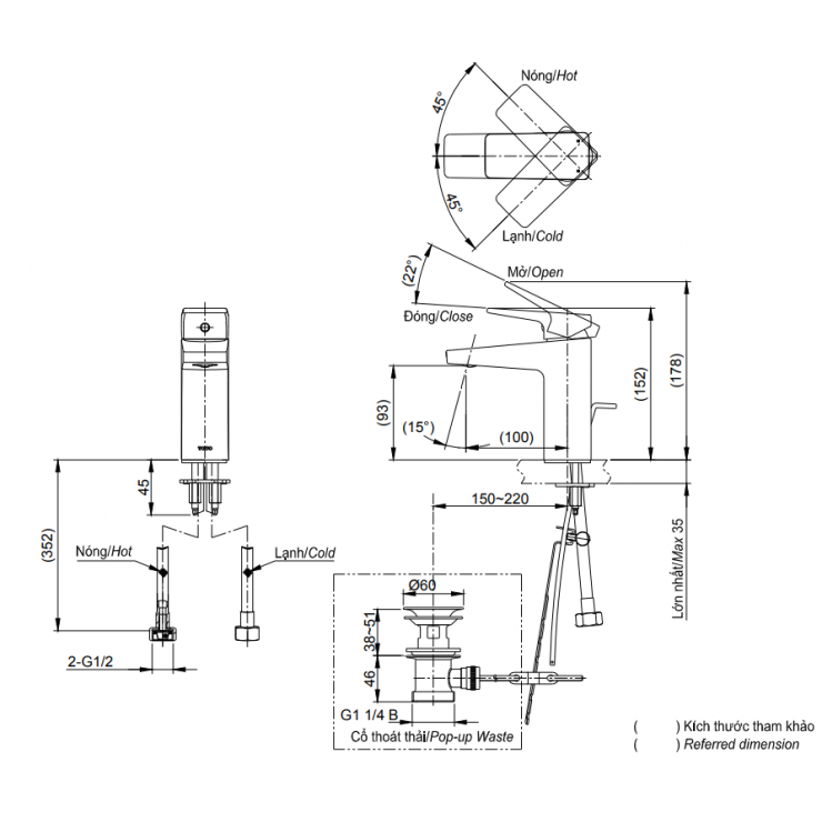 Bản vẽ kỹ thuật Vòi lavabo chậu rửa mặt Toto TVLM108RU nóng lạnh