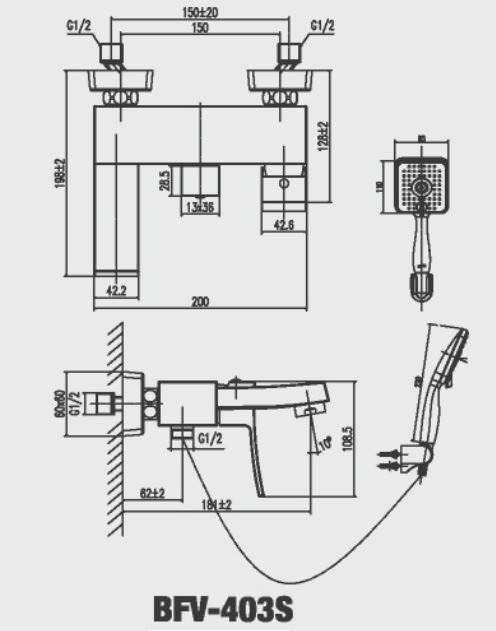 Bản vẽ kỹ thuật Vòi sen tắm nóng lạnh INAX BFV-403S-3C (BFV403S-3C)