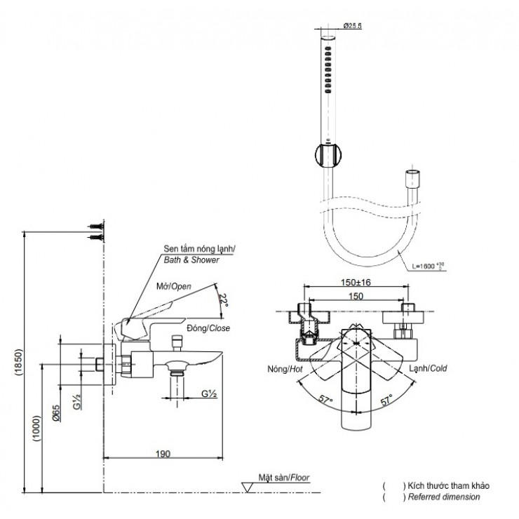 Bản vẽ kỹ thuật Vòi sen tắm TOTO TBG02302VA/TBW03002B nóng lạnh
