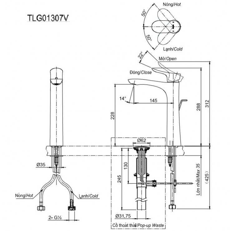 Bản vẽ kỹ thuật Vòi lavabo chậu rửa mặt TOTO TLG01307V nóng lạnh cổ cao