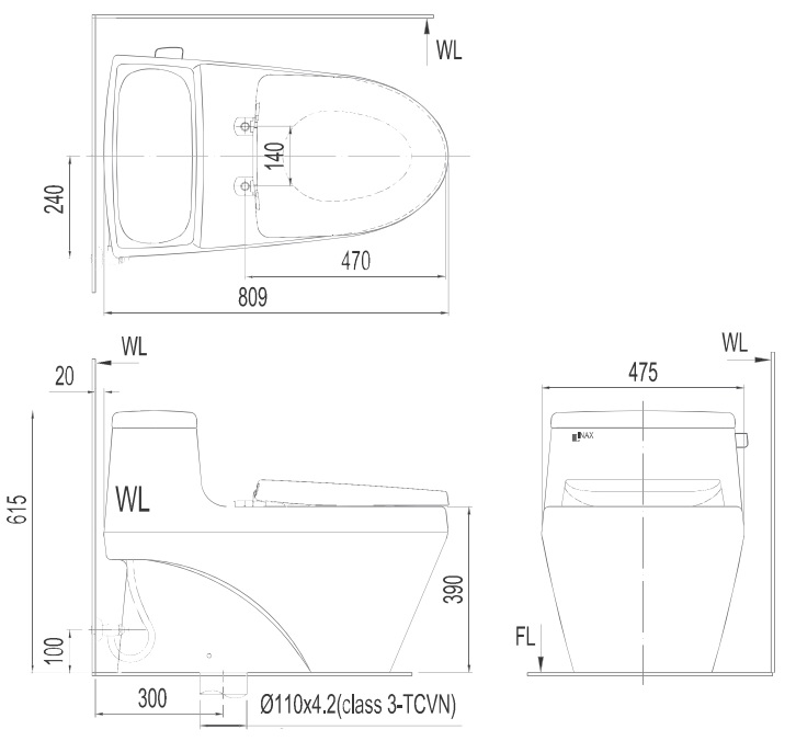 Bồn cầu 1 khối INAX AC-1135 nắp rửa điện tử KA22AVN