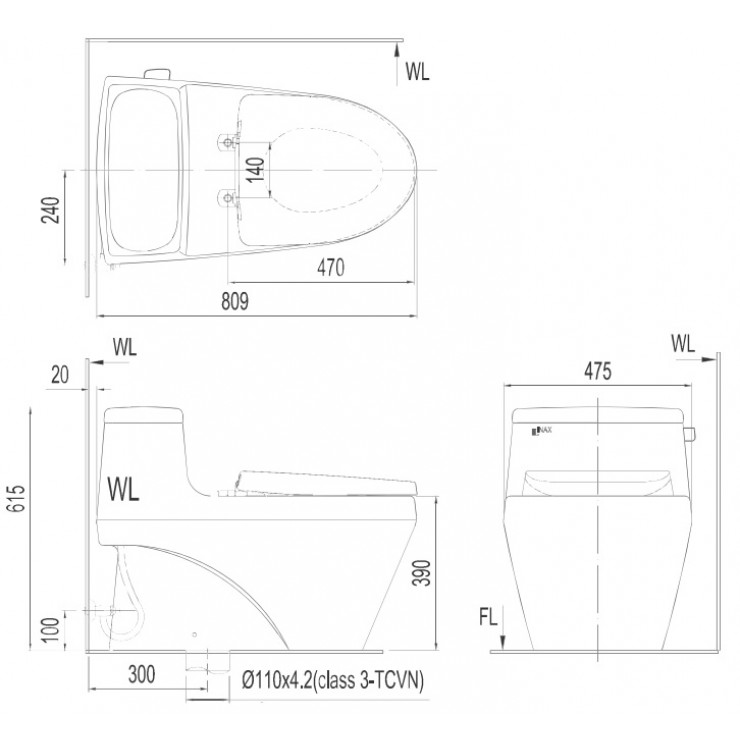 Bồn cầu 1 khối INAX AC-1135 nắp rửa điện tử KB22AVN