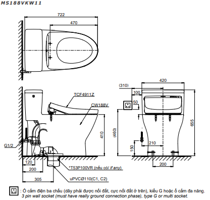 Bản vẽ Bồn cầu 1 khối TOTO MS188VKW11 nắp rửa S7 - TCF4911Z