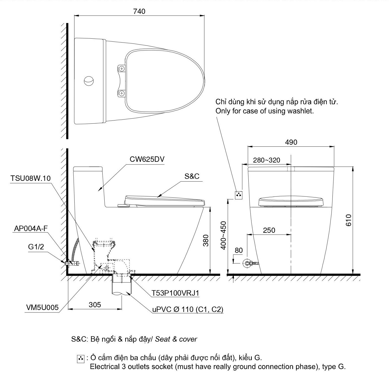 Bản vẽ Bồn cầu 1 khối TOTO MS625DW11#XW nắp rửa S7 - TCF4911Z