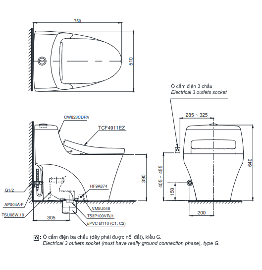 Bản vẽ Bồn cầu 1 khối TOTO MS823CDRW12#XW nắp rửa S7 - TCF4911EZ